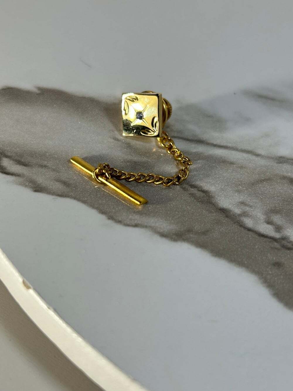 Vintage Gold Tone Square Tie Tack blue rhinestone with chain